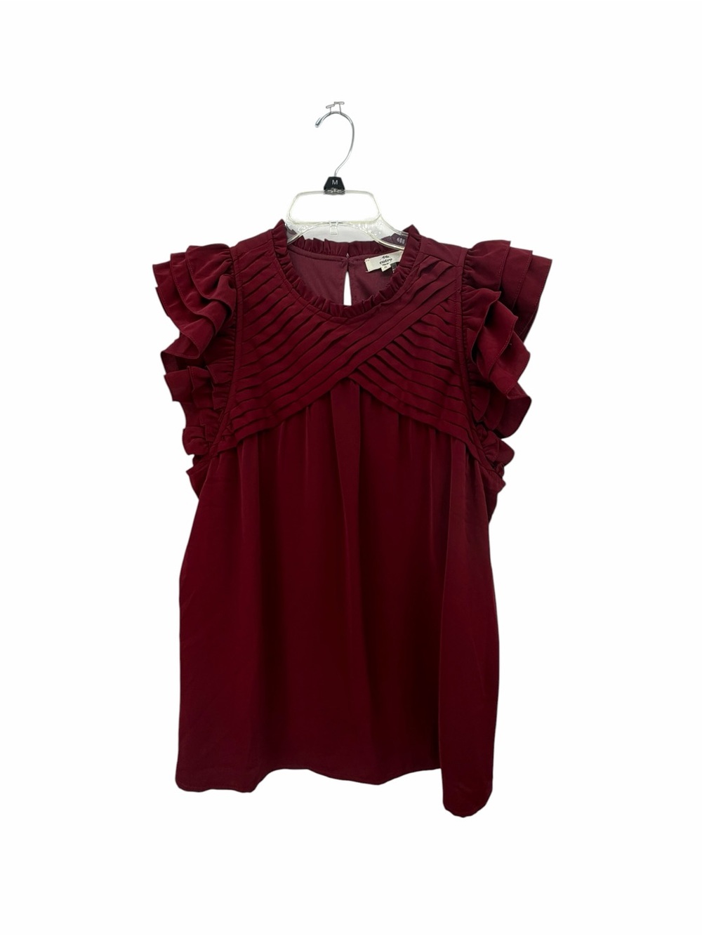 entro Burgundy Ruffle Sleeve Pleated Yoke Blouse